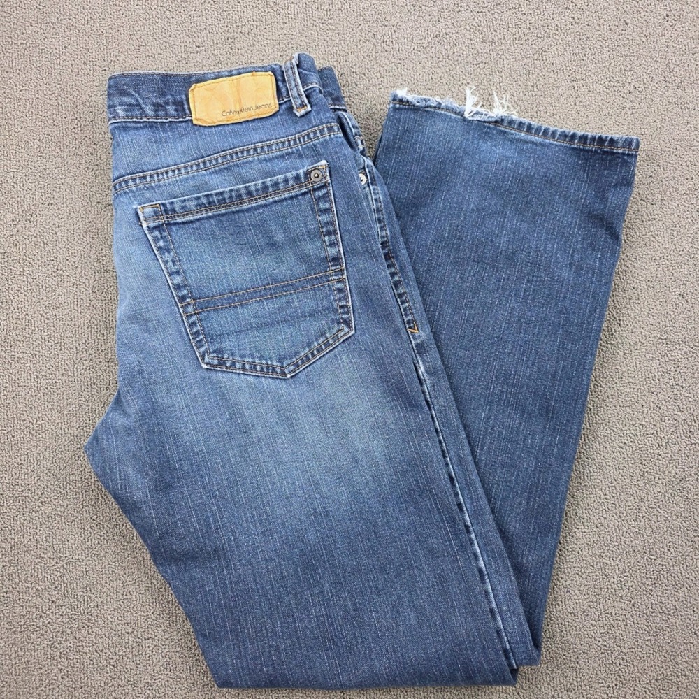 Calvin Klein Bootcut Jeans Mens Blue Denim Distressed Frayed Y2K Size 32x30